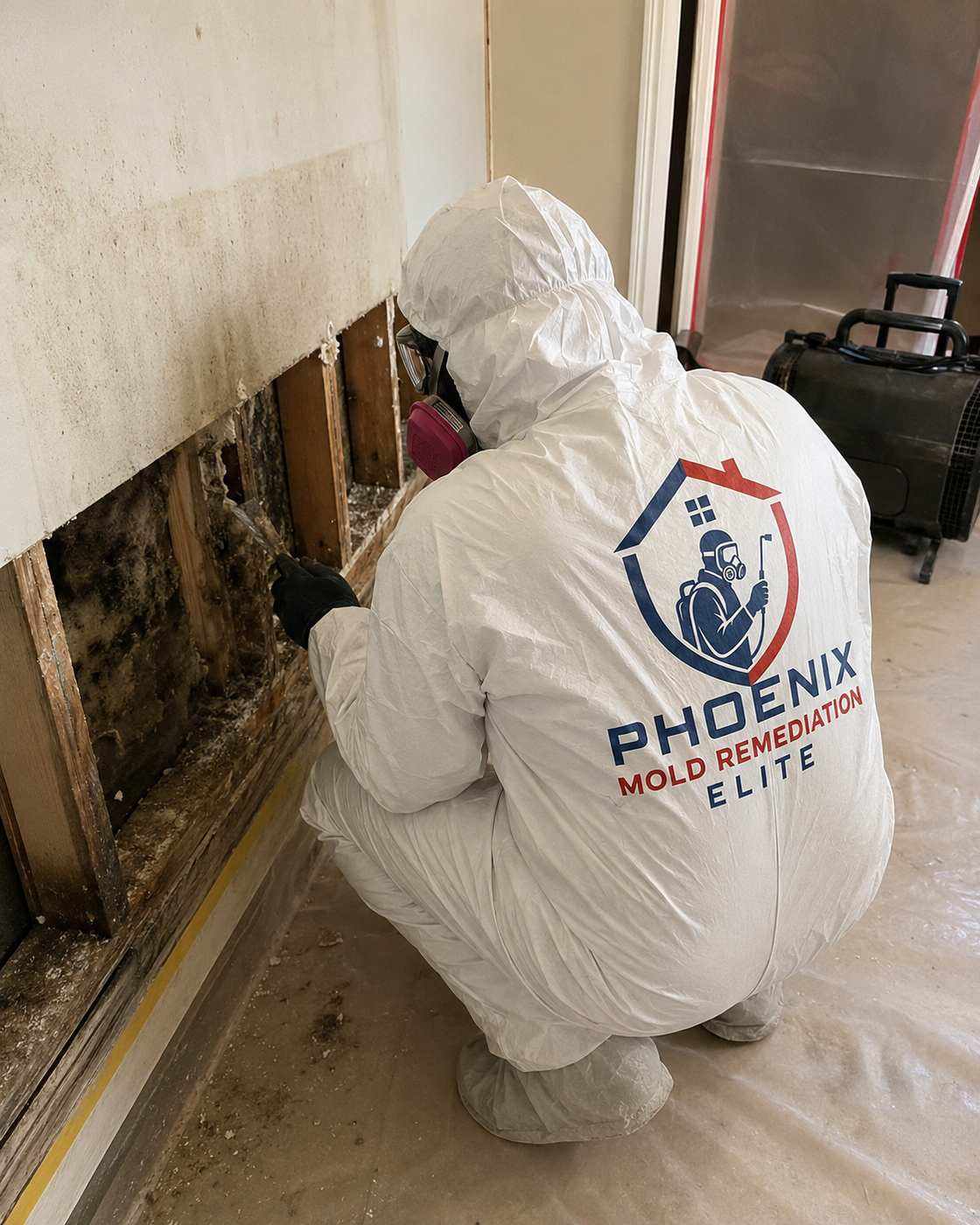 Stachybotrys treated on exposed wall studs after drywall removal
