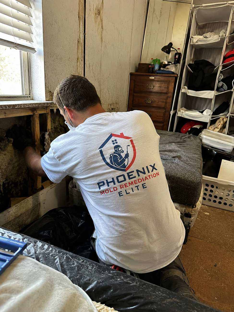 Mold remediation contractor running a moisture meter against a discoloured wall during inspection